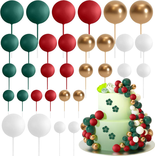 ASTARON 32 Pcs Ball Cake Topper Christmas Decorations Mini Balloons Sticks Foam Balls Cake Picks Cake Topper Balls Cake Decorations for Christmas Birthday Cake (Red Green Gold)