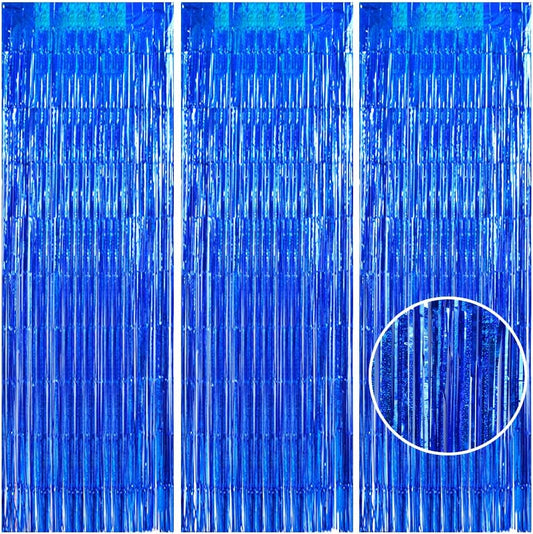 TONIFUL 3Pcs Laser Blue Door Streamers, Photo Booth Backdrop Metallic Streamers Foil Fringe Curtains for Birthday, Christmas, New Year, Bachelorette, Grad Party Decor (9.9ft x 6.6ft)