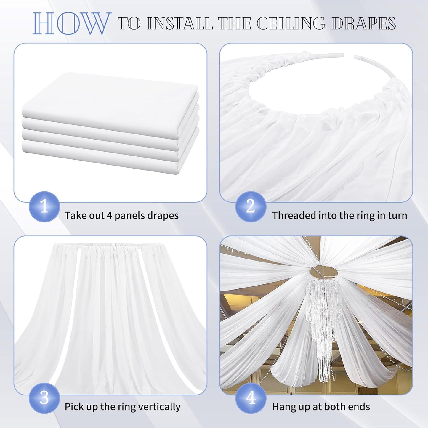 4 Panels White Ceiling Drapes for Wedding 5ftx40ft Chiffon Fabric Arch Draping Curtains Sheer Drapery for Party Ceremony Birthday Baby Shower Reception Stage Ceiling Decorations