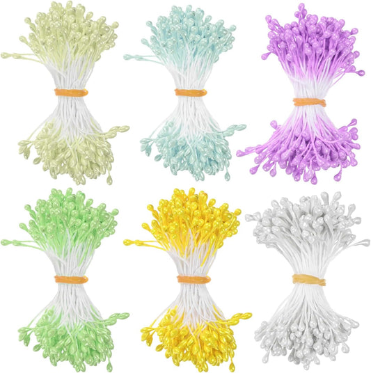 900-Pack Flower Stamens for Crafts, 5mm Double Heads Artificial Pearl Floral Pistil Mini Flower Pollens Stamens for DIY Making/Scrapbook Decoration [White and 5 Colors]