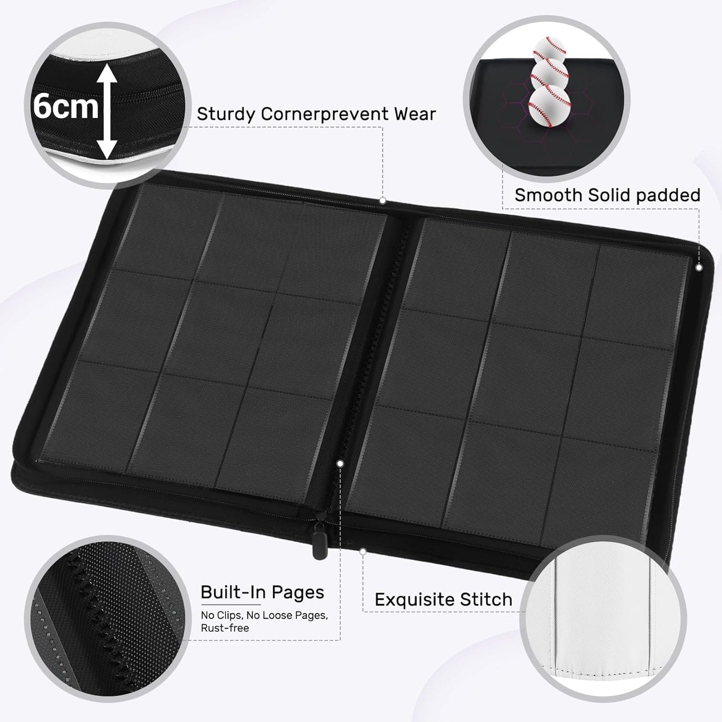 Trading Card Binder 9 Pocket, Zipper Binder Card Album Holds 540 Cards, 30 Pack Acid-Free Pages with Side Loading, Premium Leather Cover Card Folder for TCG/MTG/Sports Cards Collection, White