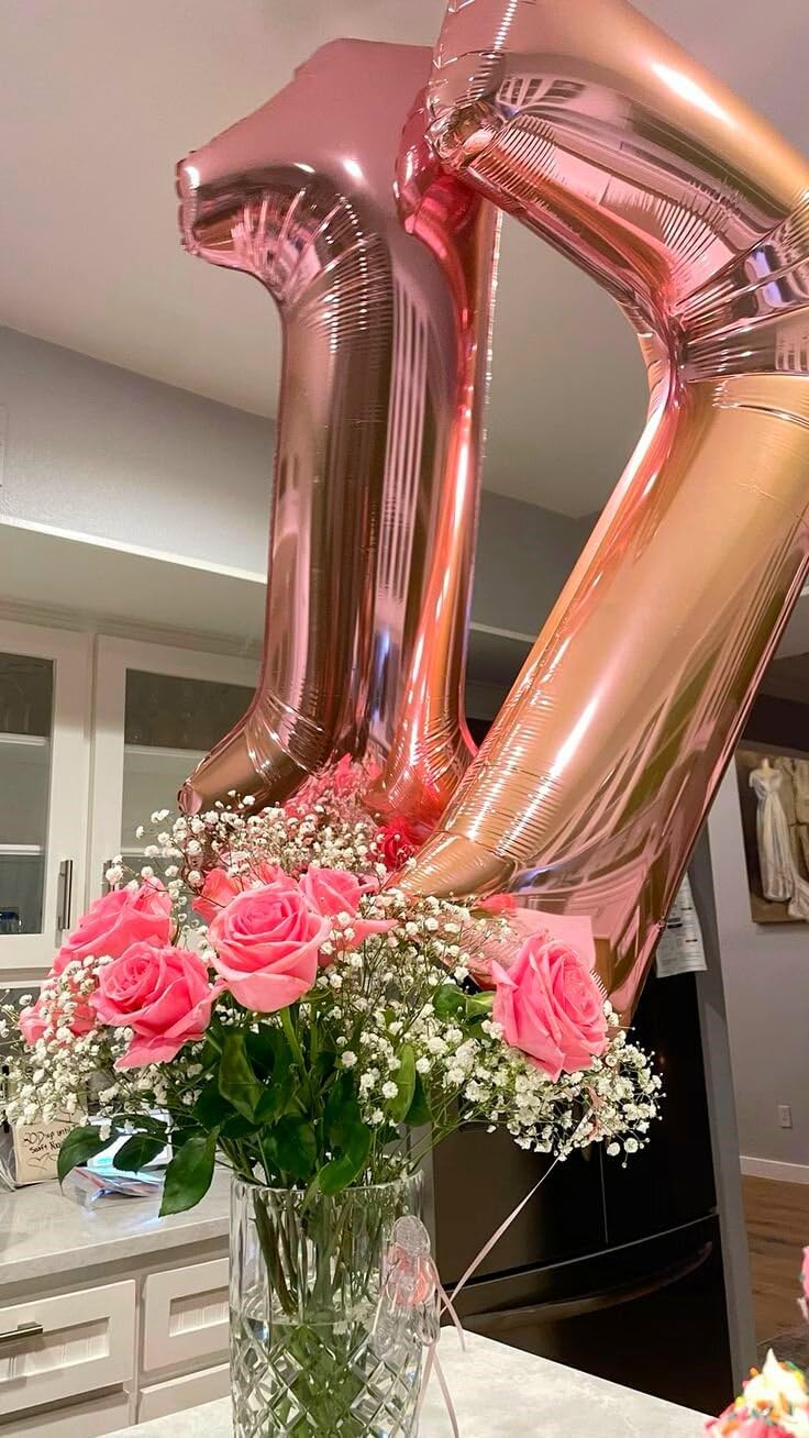 Rose Gold Number 7 Birthday Balloon 40 Inch, Digital Balloons for 7 17 27 70 77 Party Celebration Decorations Supplies, Rose Gold Mylar Foil Numbers Balloon for Seven Wedding Anniversary