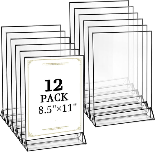 Floroom 12 Pack 8.5x11 Inch Clear Acrylic Sign Holders, Double-Sided Black Display Stand Picture Frames for Table Numbers, Menus, Flyers, Weddings, and Offices