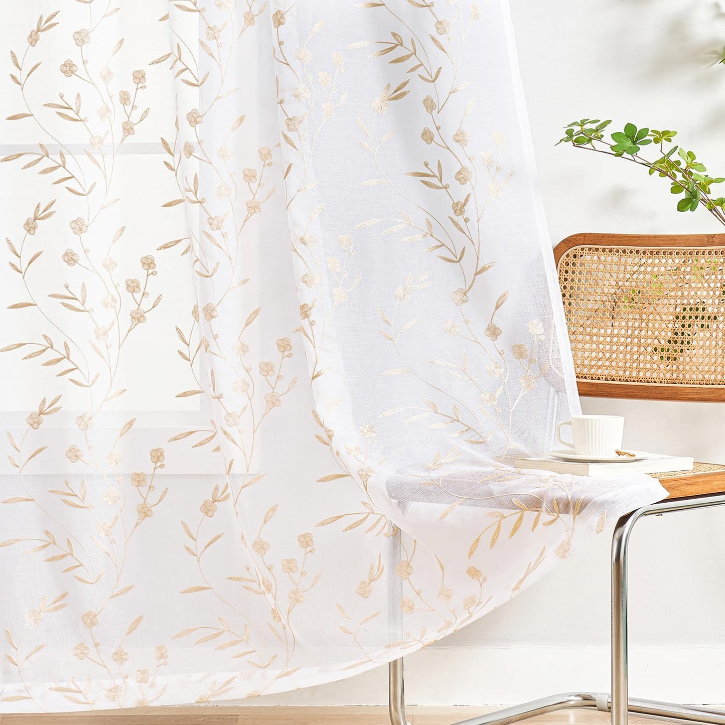 Sheer Curtains White-Beige 95 Inches, Embroidery Floral Pattern Window Treatments Rod Pocket Drapes for Living room, Bedroom, Semi Voile Curtain Panels for Patio, Villa, Parlor, Set of 2, 52"x 95".