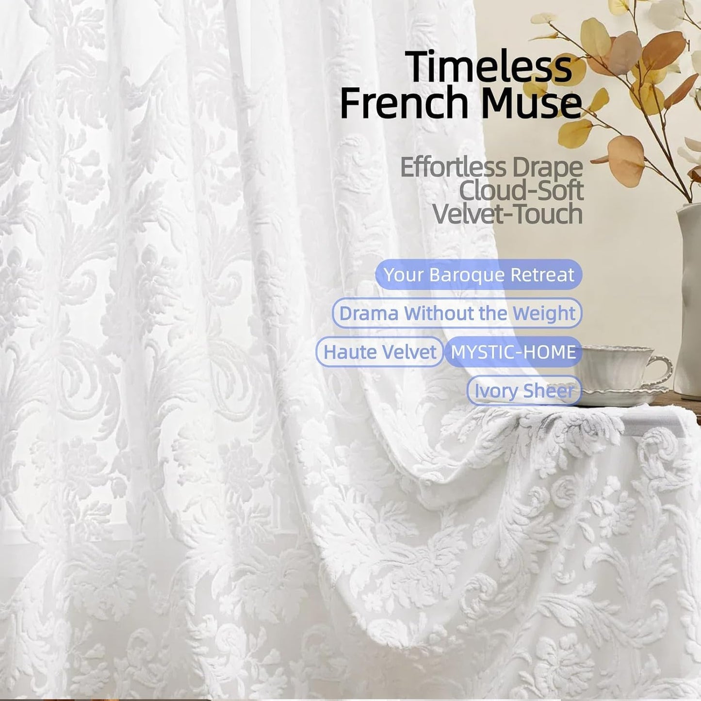 Sheer Curtains 84 Inch Length for Living Room & Bedroom Rod Pocket Boho Farmhouse Drapes with Scroll Floral Patterned 3D Flocked Texture & Rococo Motifs White Sheer Curtain Set of 2 Panels 52"W*84"L