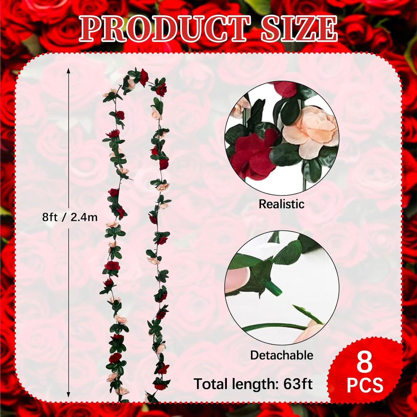 8Pcs 63Ft Burgundy&Champagne Fake Rose Hanging Flowers, Artificial Flower Vine, Hanging Floral Vine Garland for Wedding, Wall Arch, Halloween, Christmas Garden Backdrop Decor