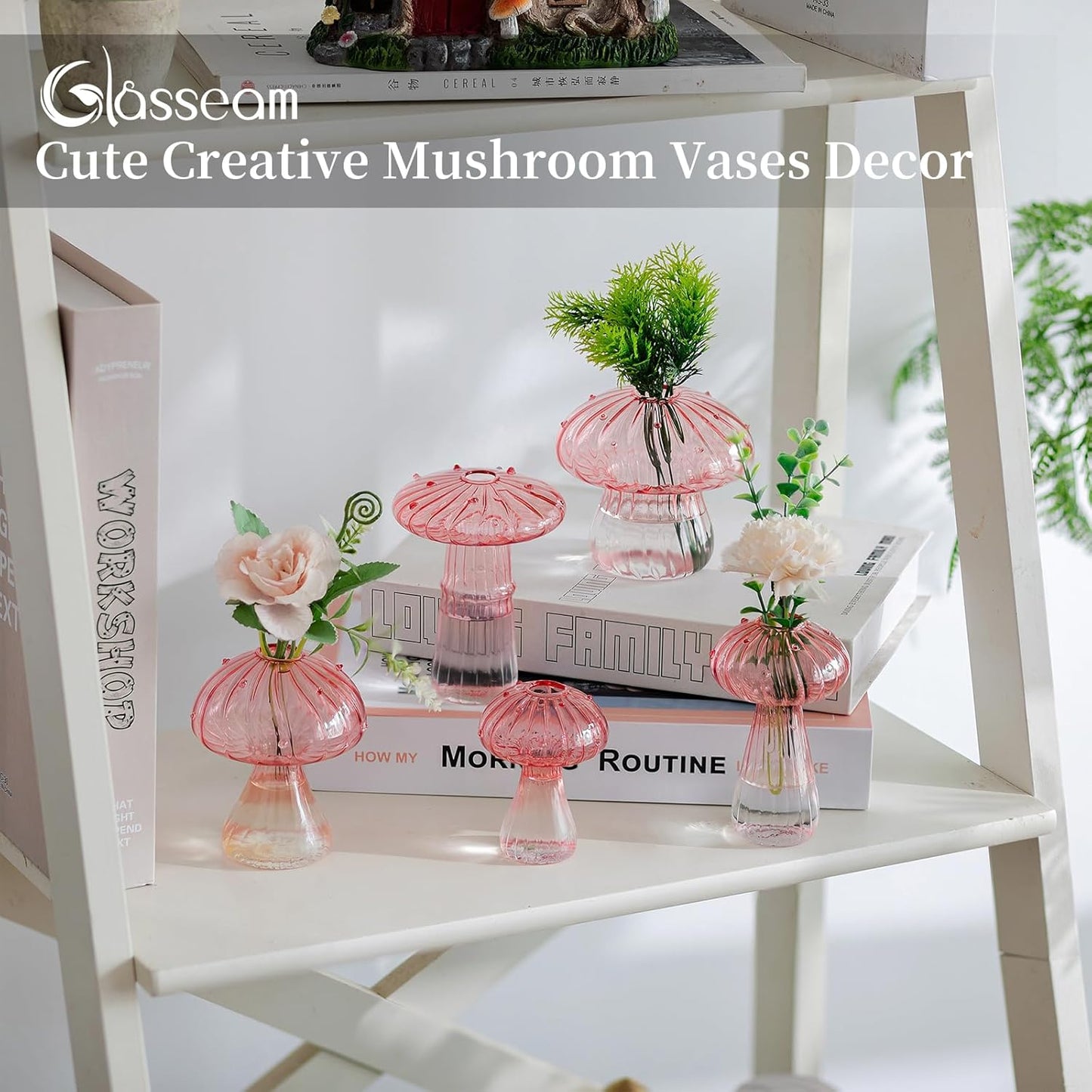 Glasseam Mushroom Plant Propagation Stations: Pink Glass Terrarium Jar Set of 5 Cute Planters for Indoor Plants Decorative Propagate Vase Unique Gifts for Women Home Office Decor
