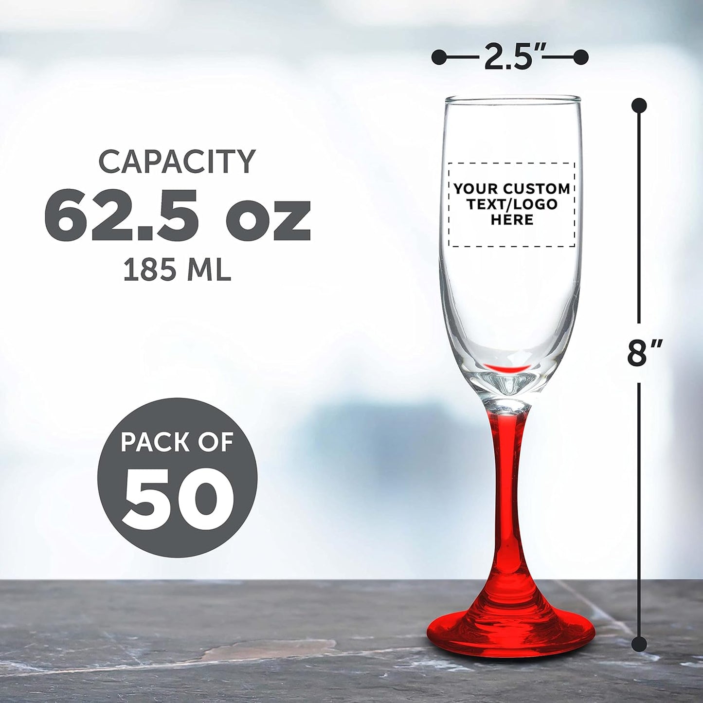 DISCOUNT PROMOS Custom Premiere Champagne Flutes 6.25 oz. Set of 50, Personalized Bulk Pack - Elegant Drinkware for Weddings, Events, & Promotional Gifts - Red