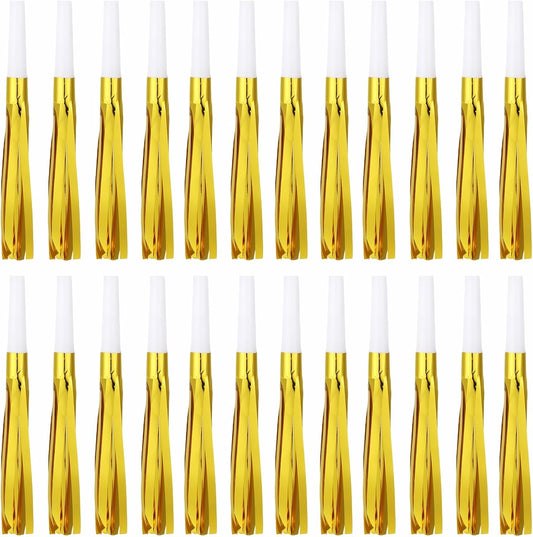 24 Pcs Gold Noise Makers Glitter Metallic Fringed Noise Makers Horns for Baby Shower, Kids Birthday, Wedding Party, New Year Party Favor