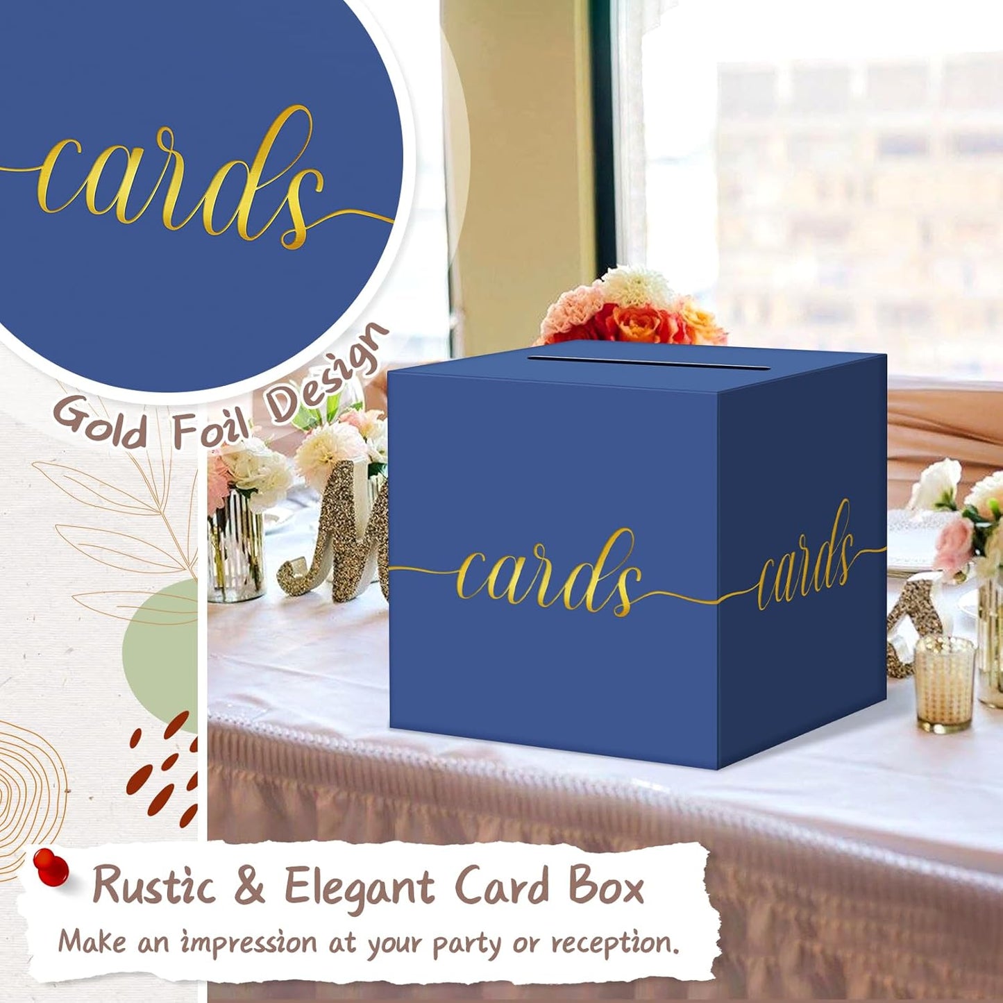 QIKSION Navy Blue Graduation Card Box, Gold Foil Gift Card Box for Graduation, Party, Wedding Reception, Birthday, Baby Shower, Raffle