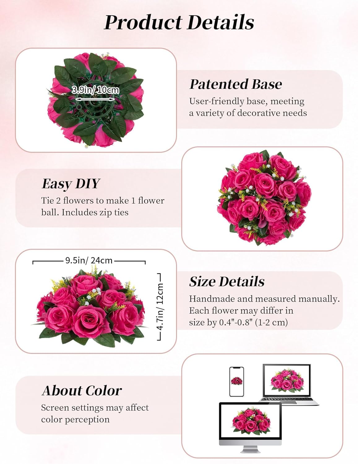 BLOSMON Hot Pink Flowers Artificial: 2 Pcs Fake Rose Balls Centerpiece for Wedding Table Decoration - Faux Silk Kissing Bouquet Floral Arrangement for Home Party Event Decor