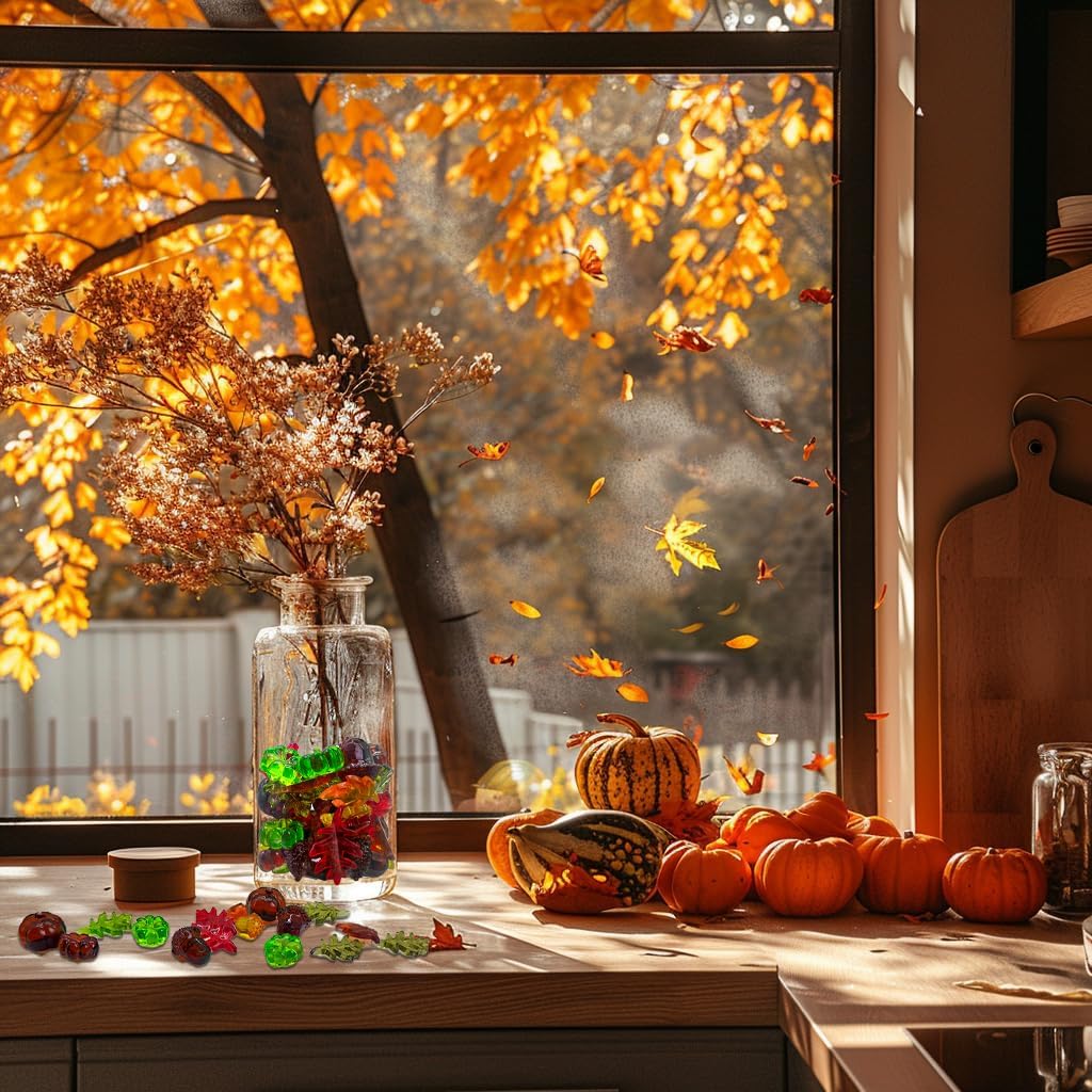 HappyFiller Fall Thanksgiving Autumn Harvest Decoration 135 Pcs Sensory Bin Filler,Small Acrylic Pumpkins,Acorns,Leaf Beads,Table Scatters Gems,Vase Fillers,Home Accents,Brown Yellow Orange Green Mix