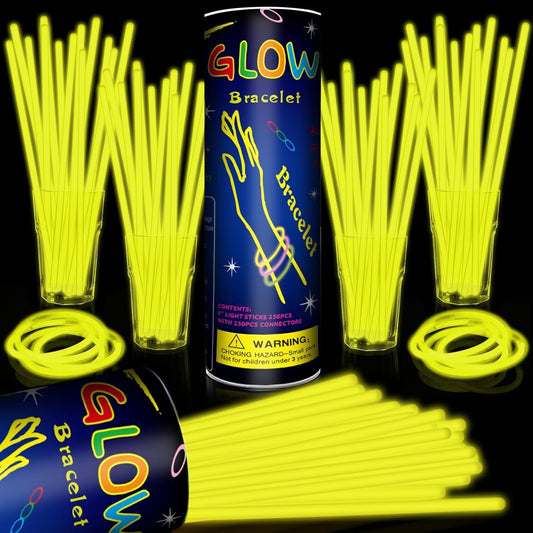 200 Pack 8'' Glow Sticks Bulk Party Favors Yellow Light Up Sticks with Connectors Neon Glow in the Dark Party Supplies Bracelets for Holiday Birthday Party Decoration(Yellow)