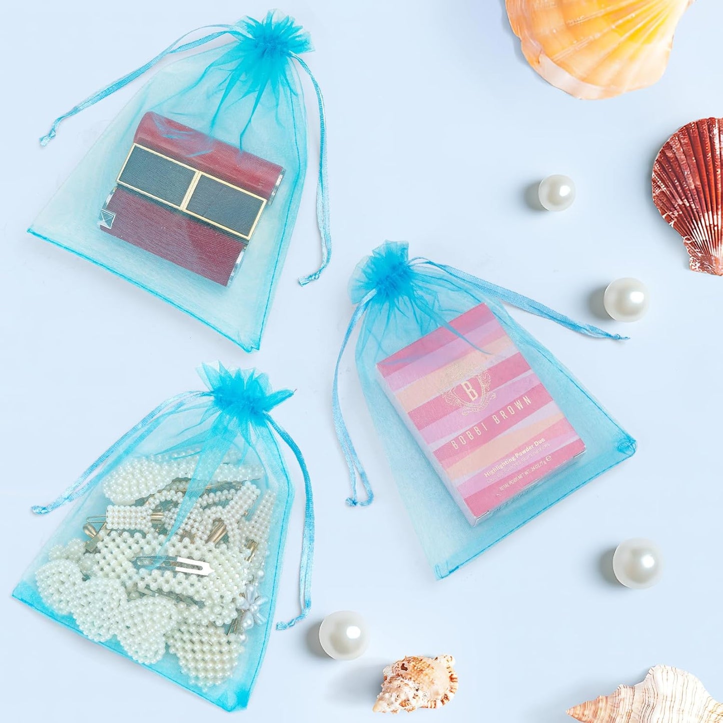 ANZNKU 100 Pack Organza Bags 4x6 Inch, Small Mesh Bag Drawstring Organza Gift Bags for Baby Shower, Party Favors(Lake Blue)