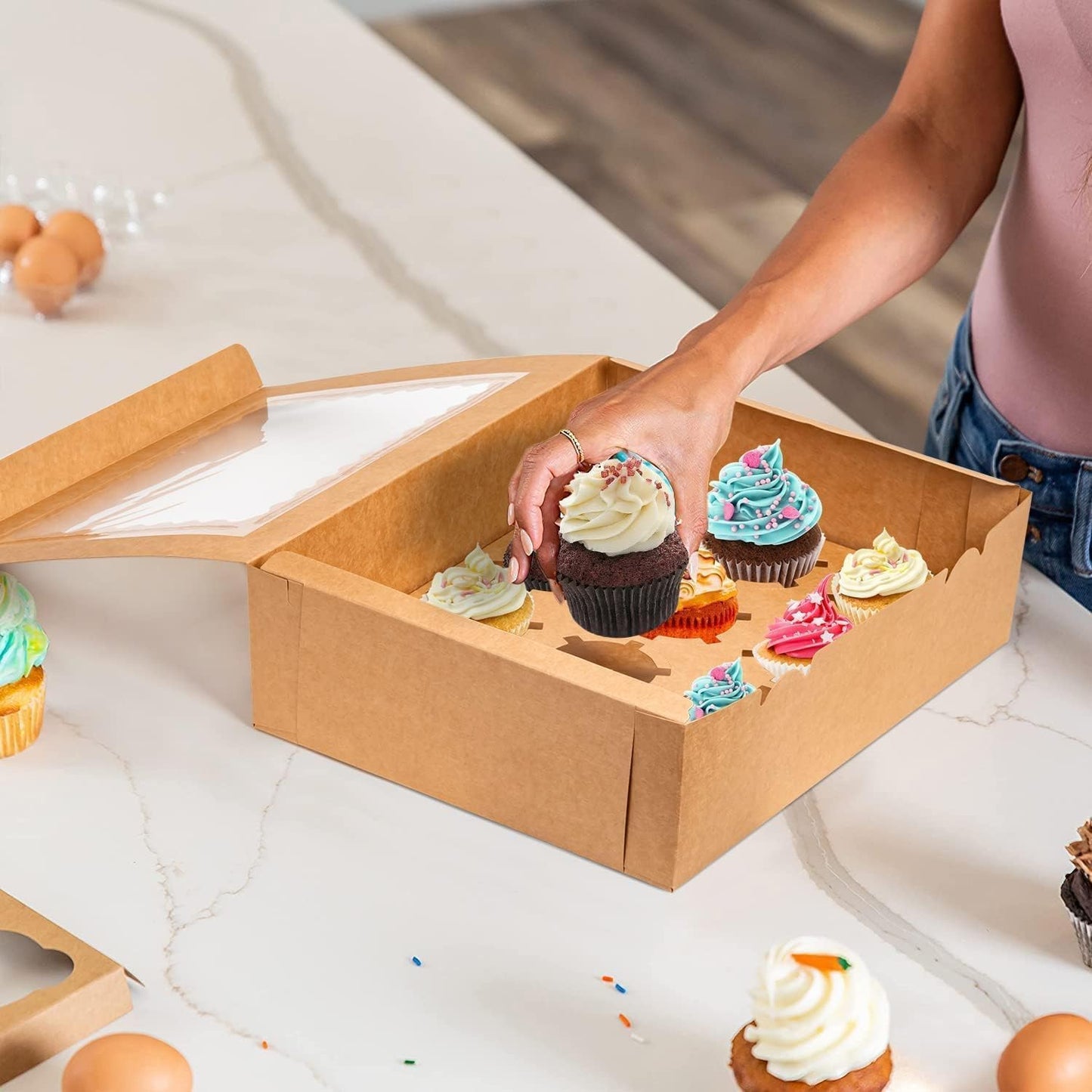 Rarapop 6 Pack Cupcake Boxes Hold 12 Standard Cupcakes, Food Grade Cupcake Holders Bakery Carrier Boxes with Windows and Inserts for Cupcakes, Muffins and Pastries