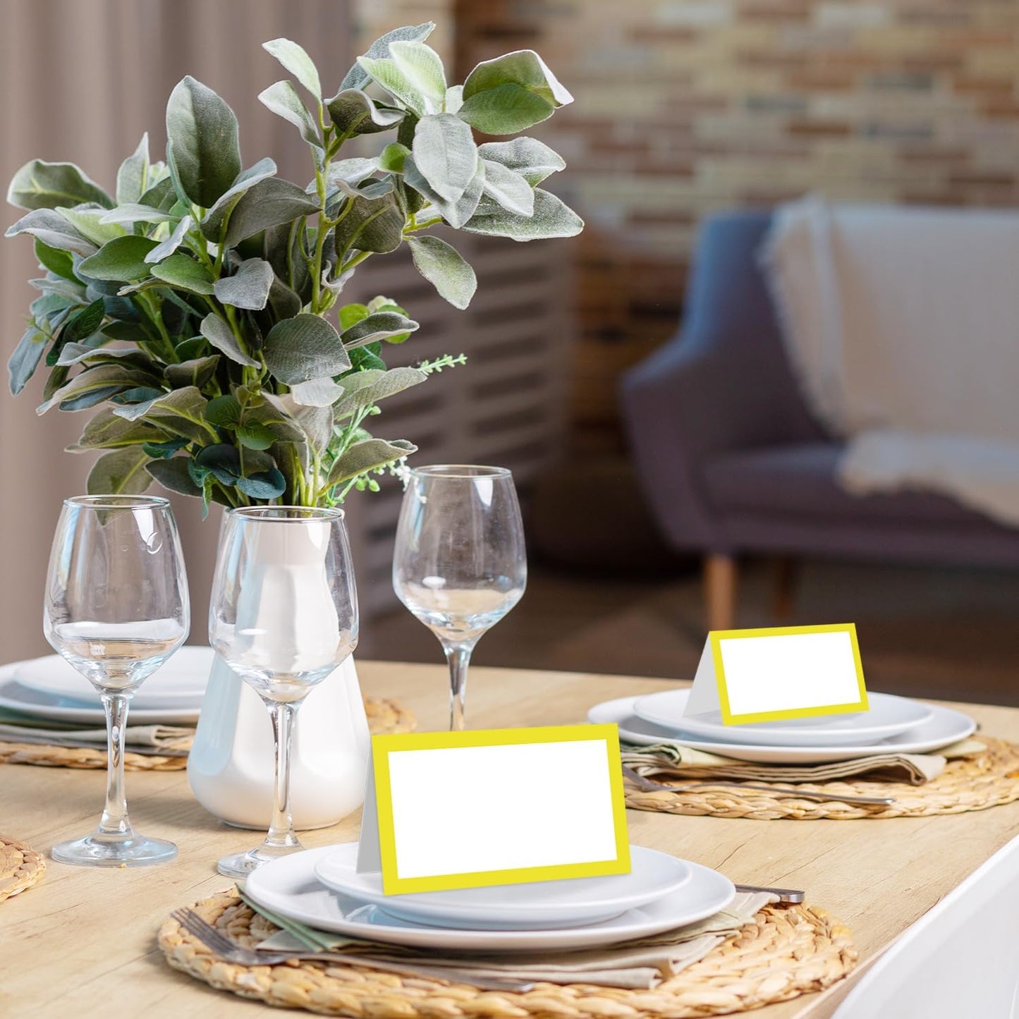 25 Pack Yellow Border Place Cards, Editable Name Cards for Table Setting, Tent Cards Food Label for Dinner Party, Bridal Shower, Wedding, Baby Shower and Events -T26