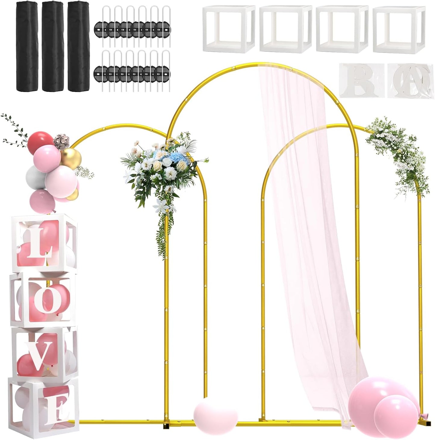Metal Arch Backdrop Stand ,Set of 3 (7.2 ft/6.6 ft/6 ft) Square Wedding Arch Frame ，Gold Balloon Arch Stand for Wedding/ Birthday Party/ Baby Shower/ Graduation Ceremony Banquet Decoration