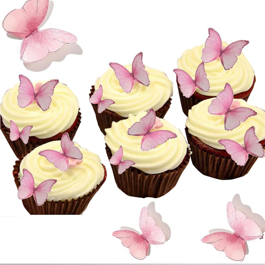 YOcity 48Pcs Edible Butterflies Cake Cupcake Toppers Pink Wafer Paper Butterfly Cake Decorations for Wedding Birthday Party Cupcakes Decorating Pink