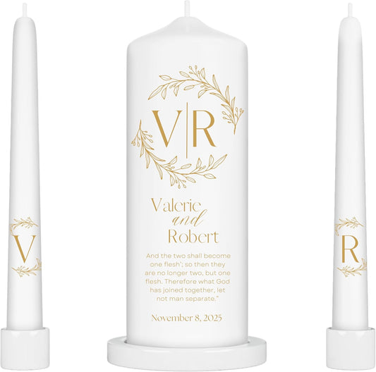 Unity Candles for Wedding, Modern Unity Set, Custom and Personalized Pillar and Taper Candles with Bible Quote, Unscented White Premium Wax, Religious and Wedding Ceremony, Special Events (Goldie)