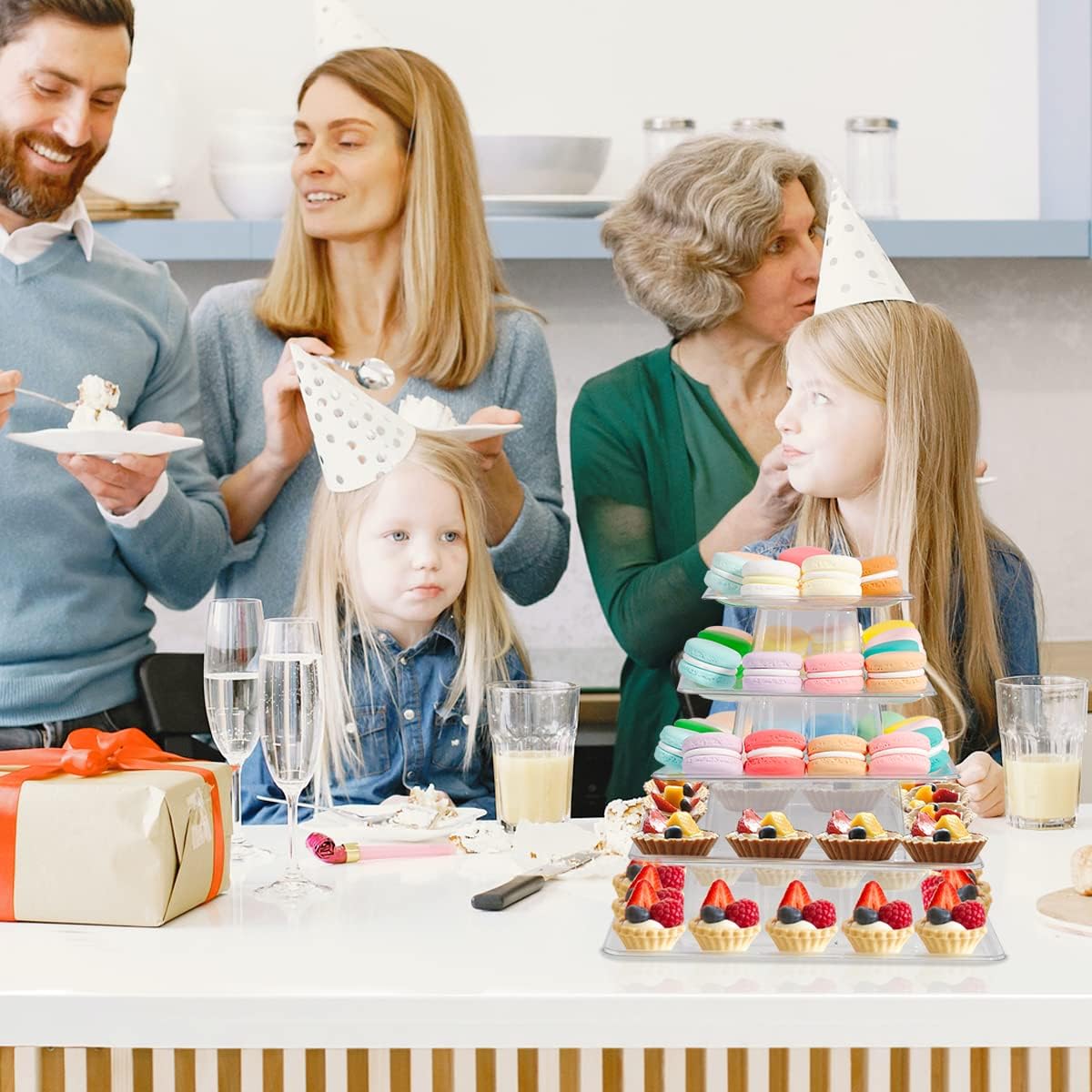 5 Tiers Square Macaron Tower Stand, Plastic Transparent Cake Stand Macaroon Display Rack Desserts Cupcake Holder Platter for Wedding, Birthday Party, Baby Shower, Party Decor