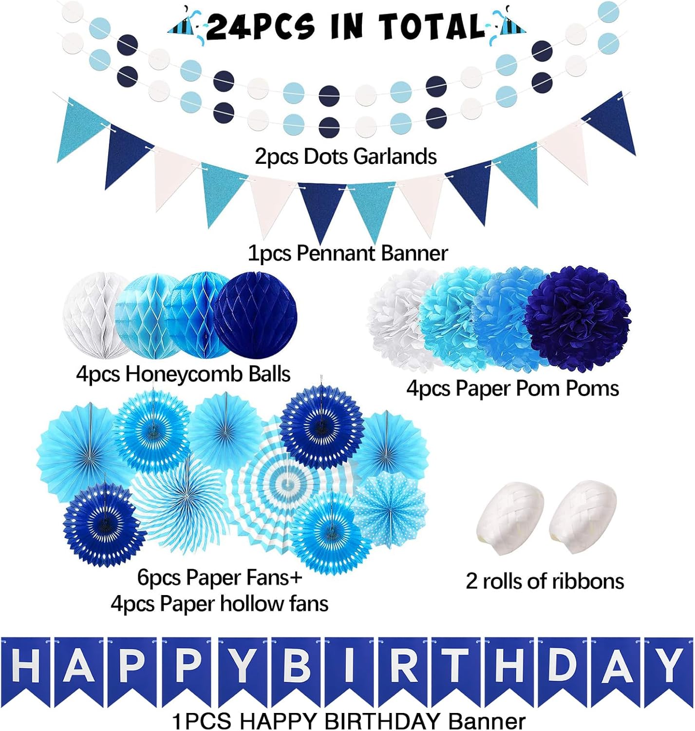 Navy Blue Birthday Party Decoration, 24Pcs Hanging Paper Fans, Pom Poms Flowers, Garland String Polka Dot, Happy birthday Banner and Triangle Bunting Flag Packs for Birthday Parties,and Baby Shower
