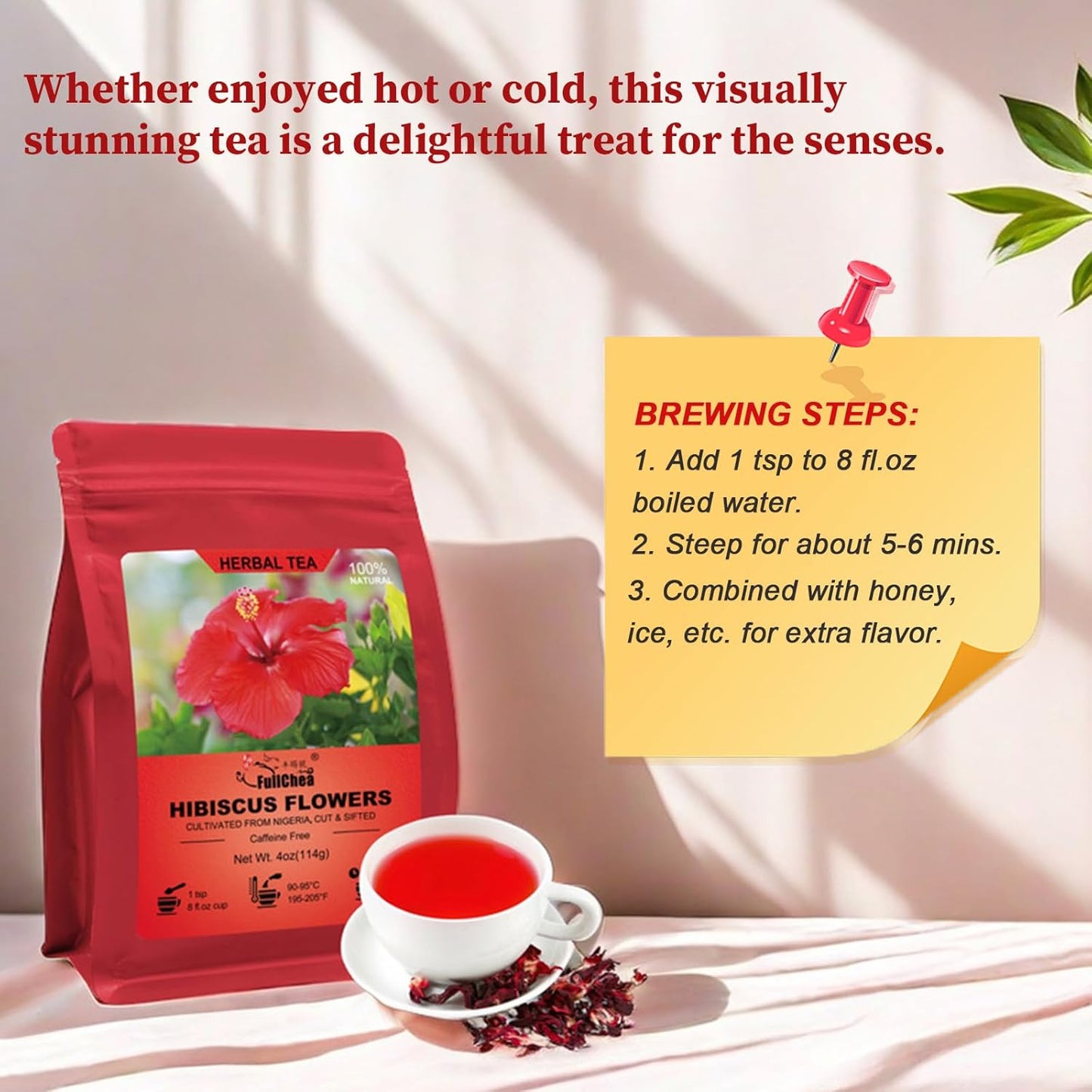 FullChea- Hibiscus Flowers, 4oz/114g, Cut & Sifted - Dried Hibiscus Tea Loose Leaf - Flor de Jamaica - Non-GMO - Caffeine-free - Support Digestion
