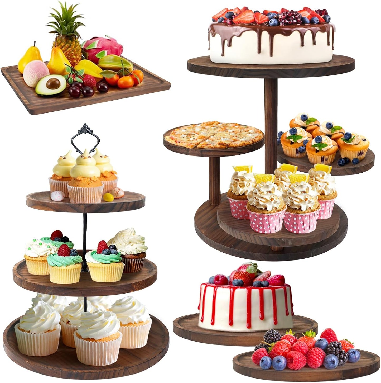 LARDUX Wooden Dessert Table Display Set - 4 Tier Cupcake Stand, 3 Tier Dessert Stand, 2Pcs Round Serving Trays,1Pcs Rectangular Trays for Party, Wedding, Baby Shower