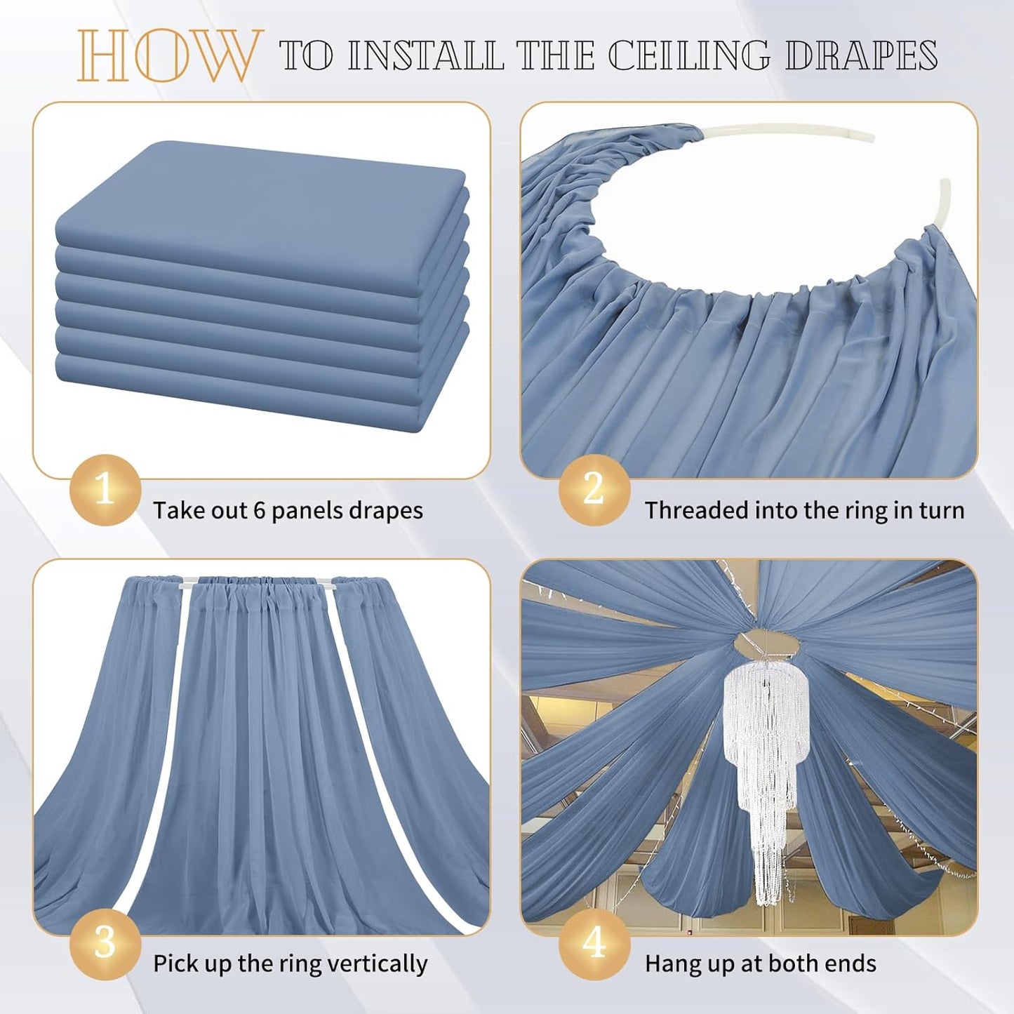 6 Panels Dusty Blue Ceiling Drapes for Wedding 5ftx10ft Chiffon Fabric Arch Draping Curtains Sheer Drapery for Party Ceremony Birthday Baby Shower Reception Stage Swag Ceiling Decorations