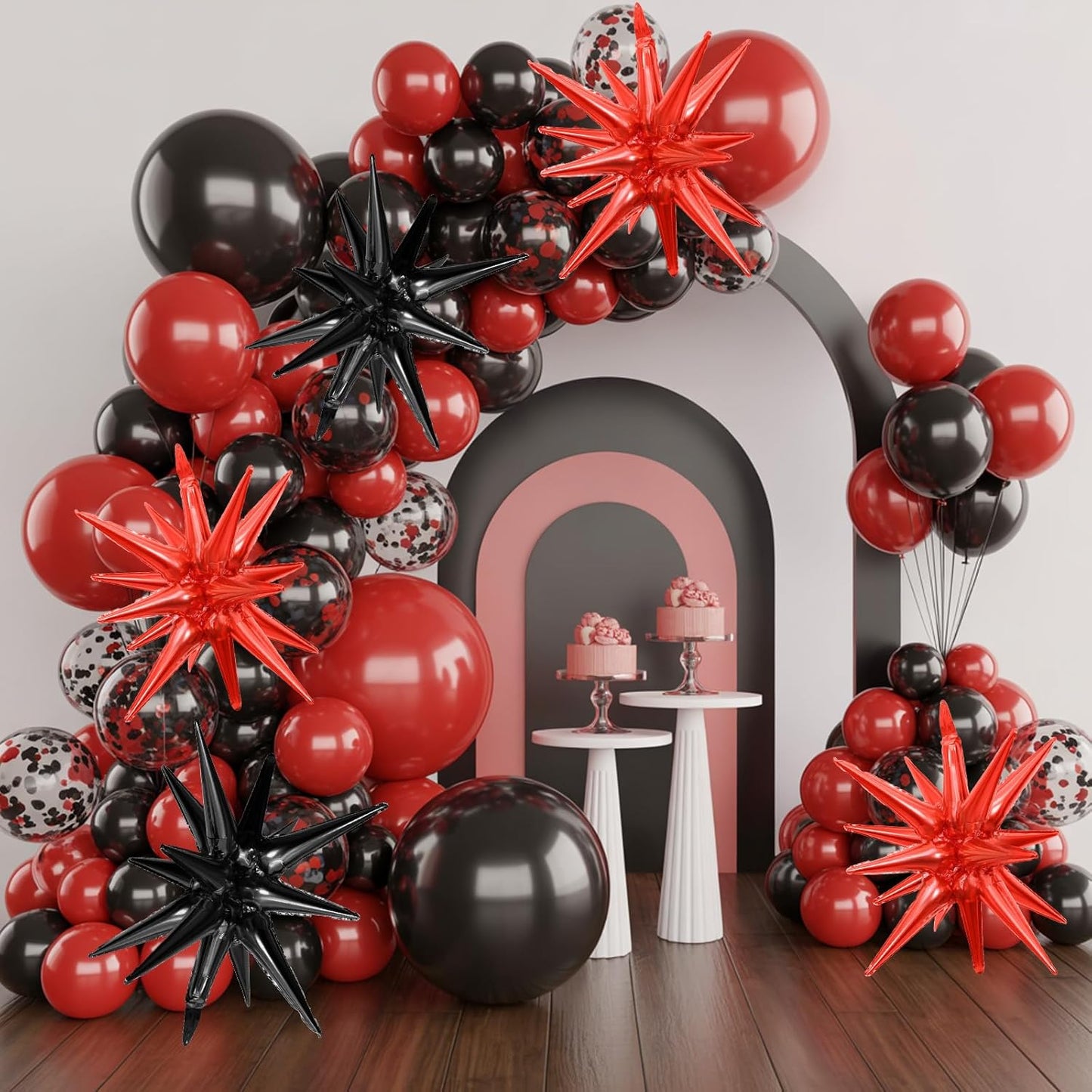 Black Red Star Balloons,9Pcs 22Inch Black Red Explosion Spike Cone Helium Polyester Film Star Foil Balloons for Birthday Halloween Anniversary Baby Shower Party Decorations