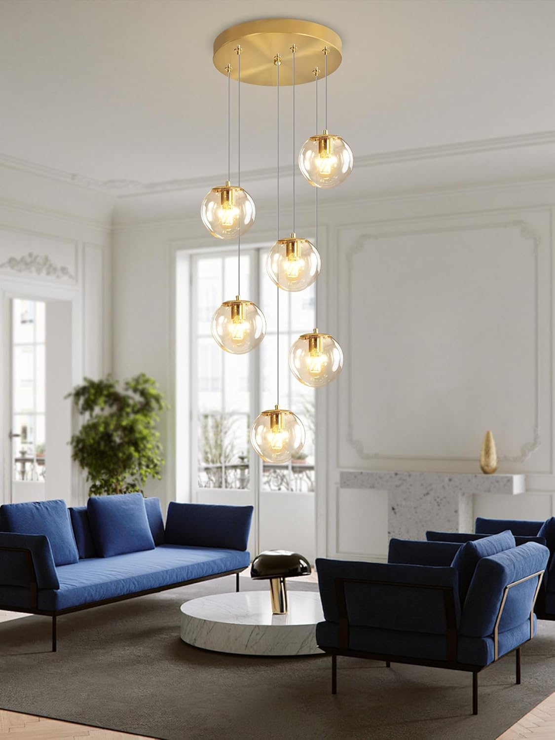 H 87in Modern Glass Globe Chandelier 6-Lights Pendant Light for Staircase Mid Century Globe Chandelier Clear Glass Hanging Lighting for Living Room Bedroom Entryway