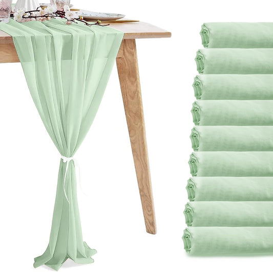 10 Pack 10ft Sage Green Chiffon Table Runners Wedding Table Runner Sheer Romantic Tulle Table Runner for Christmas Wedding Bridal Tea Party Baby Shower Birthday Party Table Decorations(120 x 12 in)