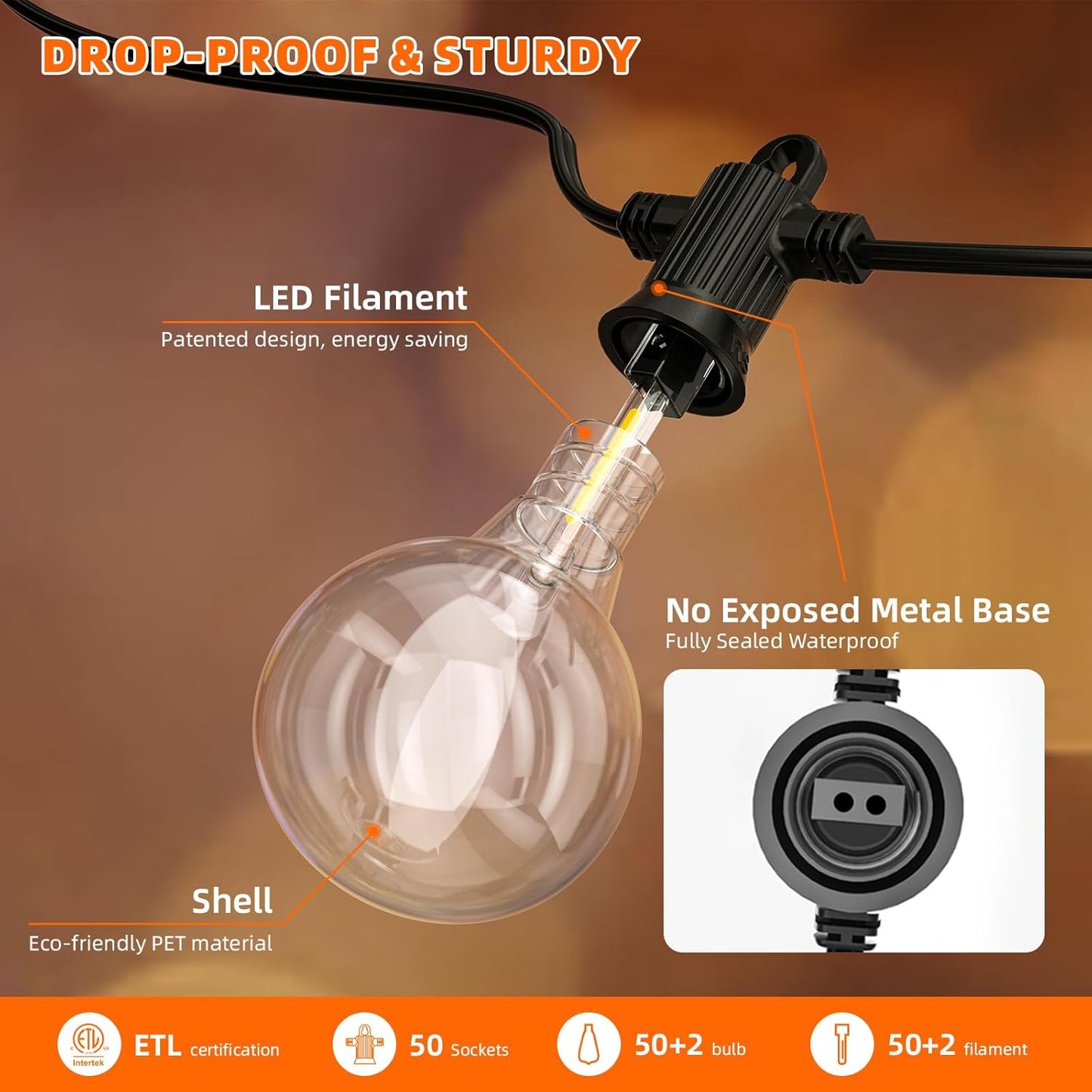 Kawaya Outdoor String Lights 50 FT LED Patio Light with 25+2 Shatterproof Edison Globe Bulbs - IP65 Waterproof Dimmable Hanging Lights - 2700K Warm White Lighting for Outside Porch Deck Bistro Cafe