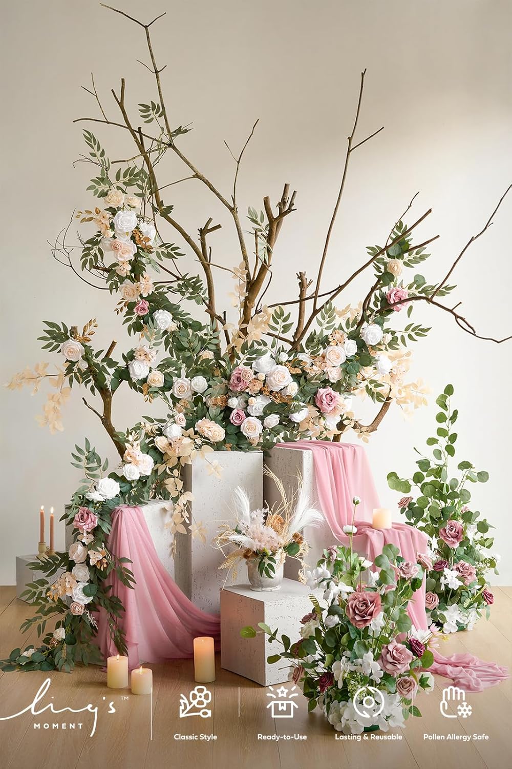 Ling's Moment Flower Garland - 6FT Eucalyptus & Rose - Sweetheart Table Decor for Wedding Reception, Artificial Silk Floral Garland for Mantle, Spring, Garden Christmas Decoration, White Beige