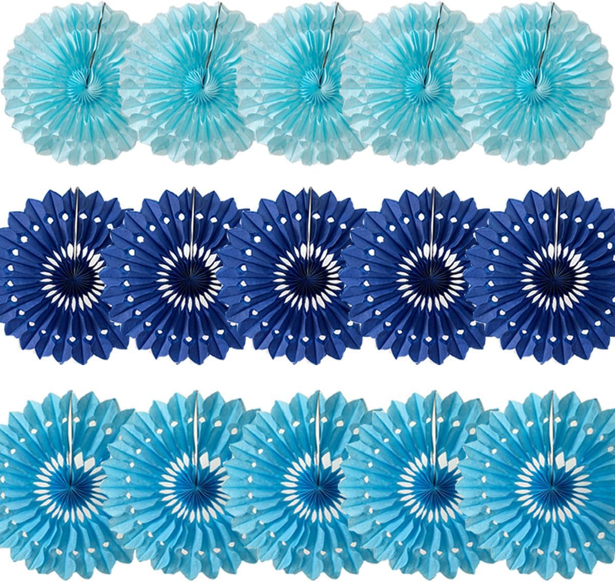 15pcs Blue Tissue Paper Fans Set - 10'' 12'' 14'' Round Honeycomb Fans for Party, Birthday, Wedding Events