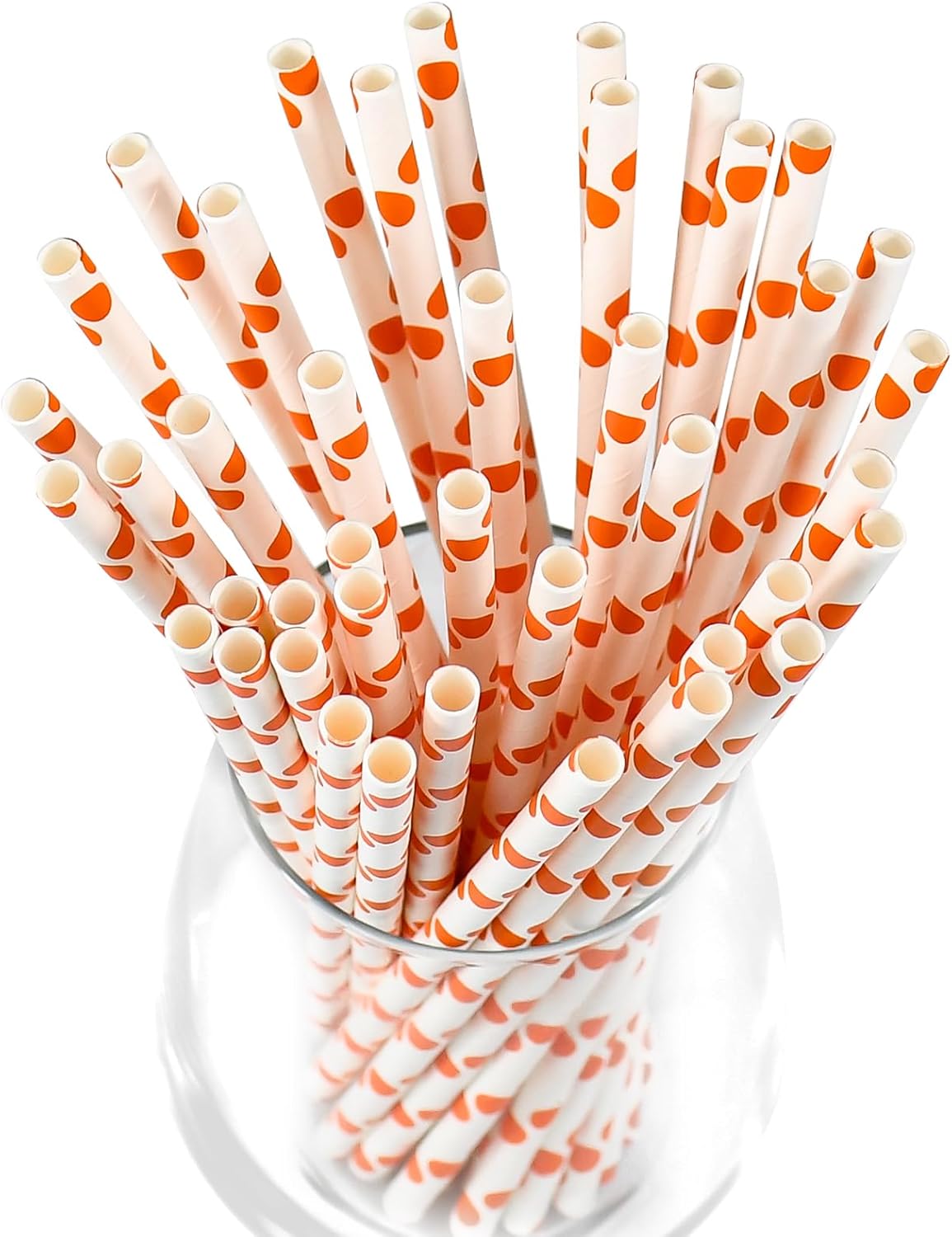 Orange Polka Dots Paper Drinking Straws 7.75 inch Disposable 100 Counts - for Drinks, Juice, Cocktail, Party, Bars, Restaurants