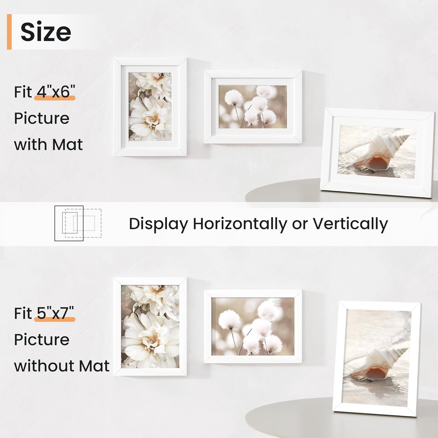 5x7 inch Picture Frame, 5x7 Photo Frames with 4x6 Removable Mat - High Definition Plexiglass - Vertical and Horizontal Display - Wall Hanging Frame - White, 3 Pack