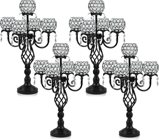 5-Arm Crystal Candelabra Centerpiece 23.2" Tall - Elegant Candle Holder Stand with Crystal Bowl, Chic Table Decor for Weddings, Parties, Anniversary & Home Decoration (4, Black)