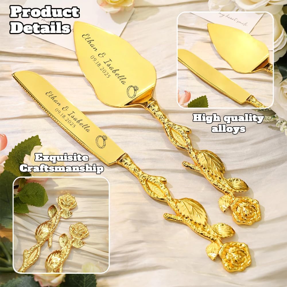 Engraved Personalized Gold Wedding Cake Knife and Server Set - Custom Bridal Cake Serving Gift for Anniversary, Engagement, Birthday Gift