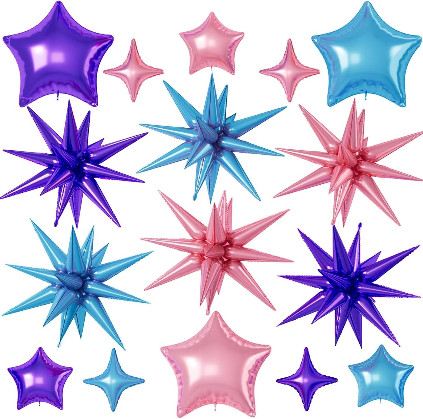 16 Pcs Pink Purple Blue Star Balloons, 22/18/10 Inch Foil Balloons, Four-Pointed Balloon for Girl Princess Mermaid Birthday Baby Shower Party Decorations