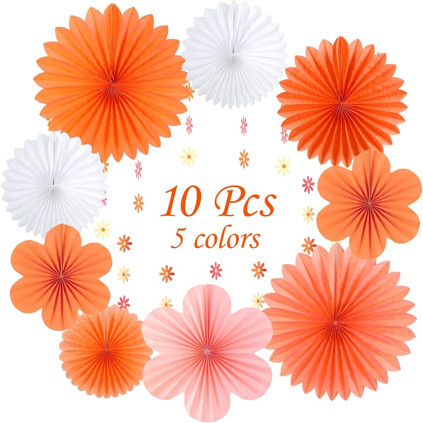 SUNBEAUTY Paper Fans Decorations Pink and Orange Party Decorations Flower Party Decorations Classroom Decoration Paper Floral Backdrop Decor Flower Wall Decor with Daisies,Set of 9