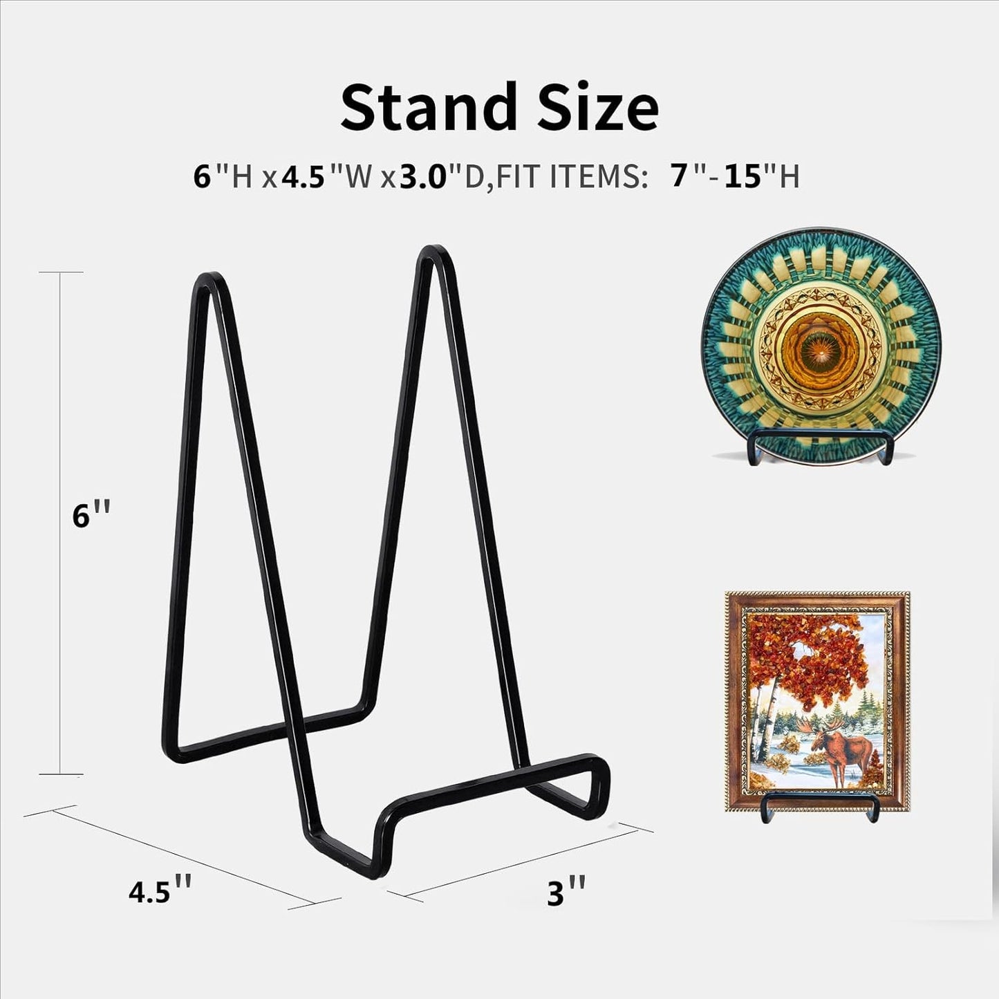 3 Pack 6 inch Metal Plate Stands for Display, Plate Holder Pictures Frame Easel Display Stand, Tabletop Picture Stand, Iron Easels for Display Photo Frames, Plates, Vinyl Record，Book, Plaque, Sign