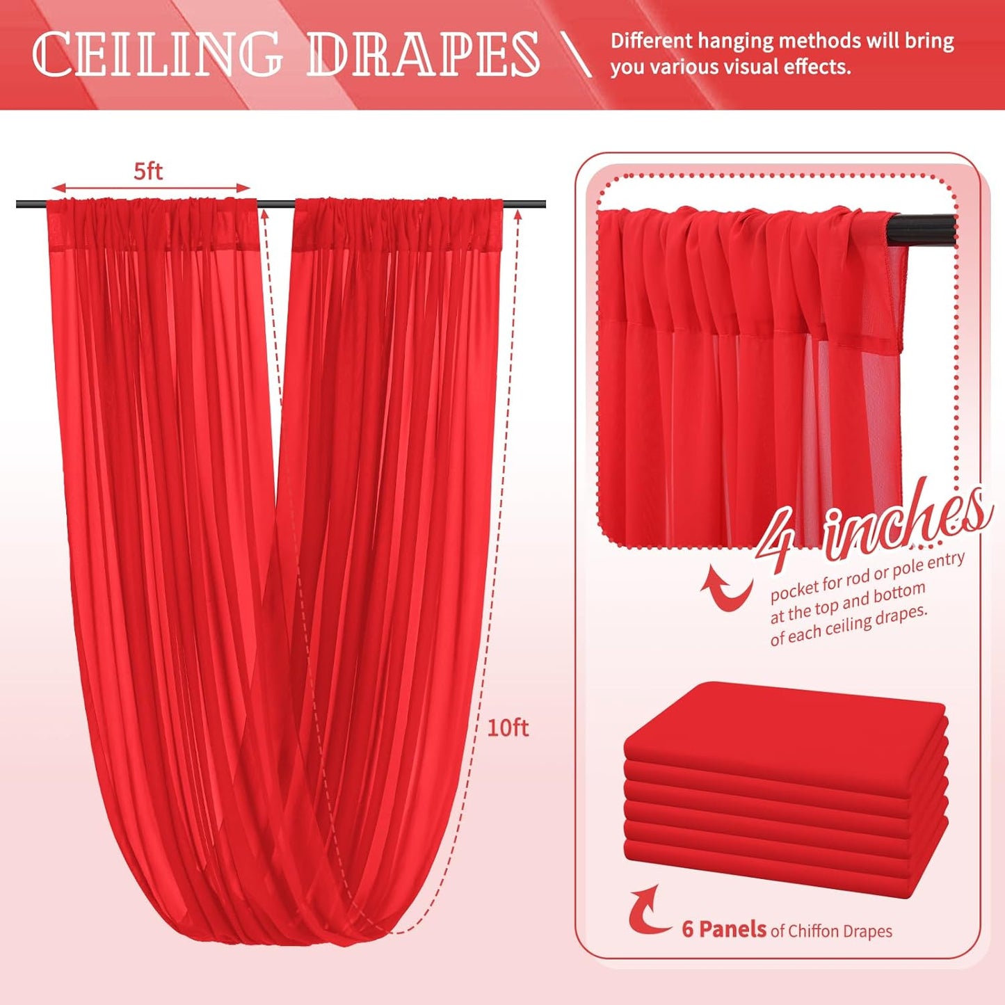 6 Panels Red Ceiling Drapes for Wedding 5ftx10ft Chiffon Fabric Arch Draping Curtains Sheer Drapery for Party Ceremony Birthday Baby Shower Reception Stage Swag Ceiling Decorations