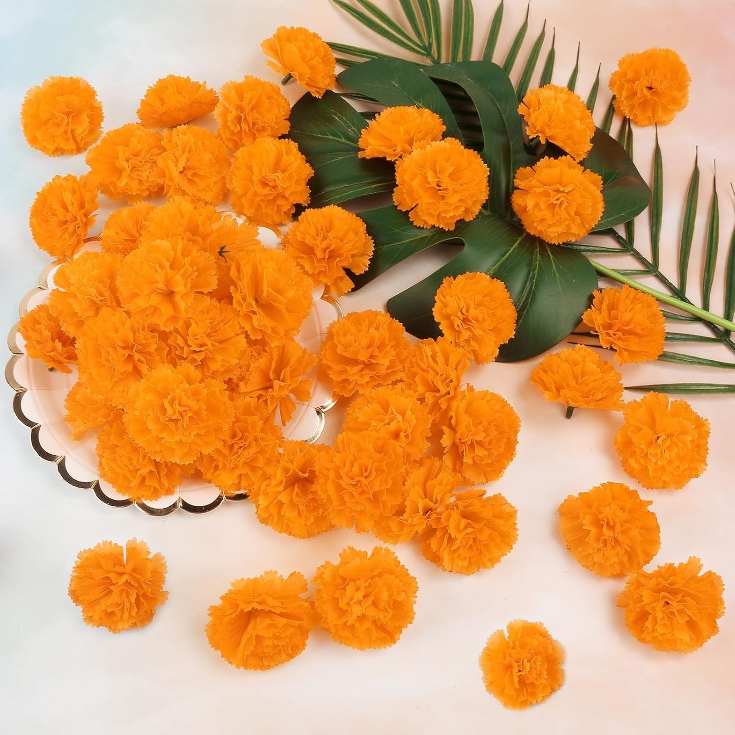 80 Pcs Artificial Marigold Flowers,2" Silk Marigold Flower Heads with Stems,Orange Flowers Artificial for Diwali Decor,Indian Wedding,Home,DIY Wreath Garland,Day of The Dead Decorations