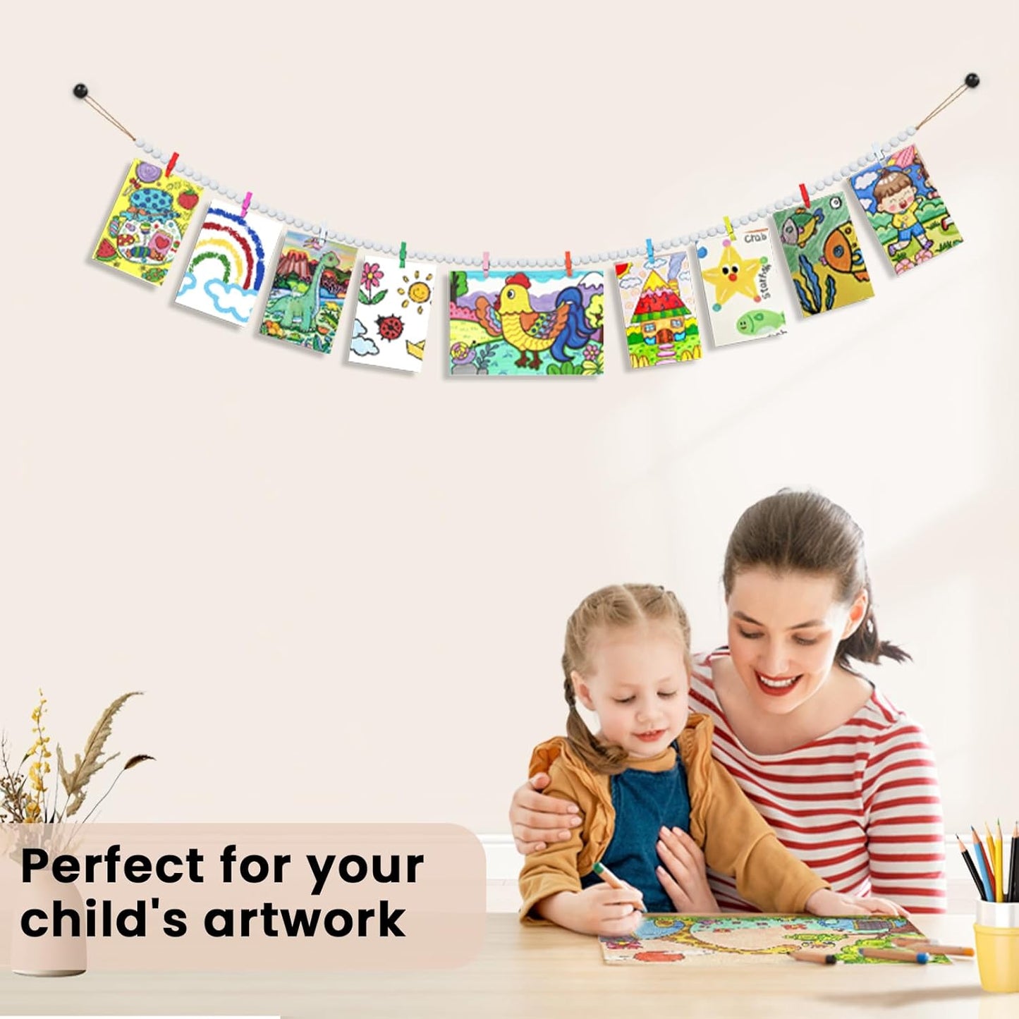 Hanging Photo Display with Clips, Boho Wooden Bead Garland Collage Picture Frame Wall Decor, Photo String with 10 Different Random Colors Wood Clips for Bedroom Room Decor, Christmas Teen Girls Gifts