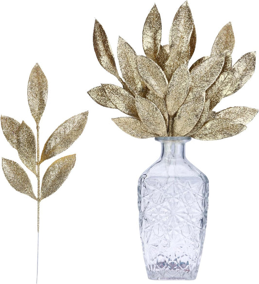 GREENTIME 12 Pack Artificial Light Golden Glitter Leaves 13" Fake Christmas Picks Decorative Glitter Sticks for Vase Christmas Tree DIY Wreath Crafts Fireplace Decor