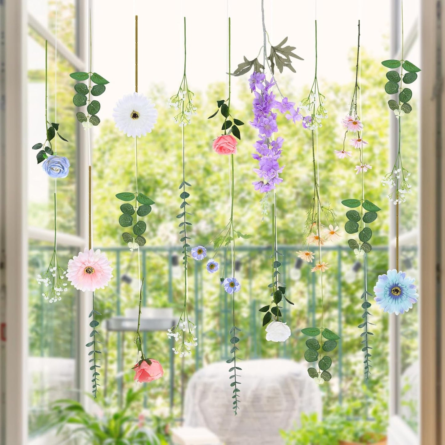 Hoteam 26 Pcs Pcs DIY Flower Garland Artificial Hanging Wildflower Backdrop Set Fake Rose Eucalyptus Daisy Poppy Wild Flower Decor for Wedding Party Birthday Home Garden (White,Blue,Pink)