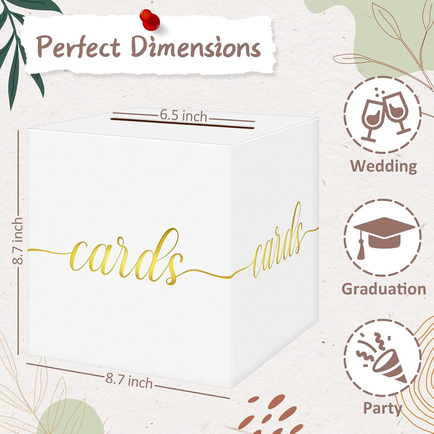 QIKSION White Wedding Card Box, Gold Foil Gift Card Box for Party, Wedding Reception, Birthday, Graduation, Baby Shower, Raffle