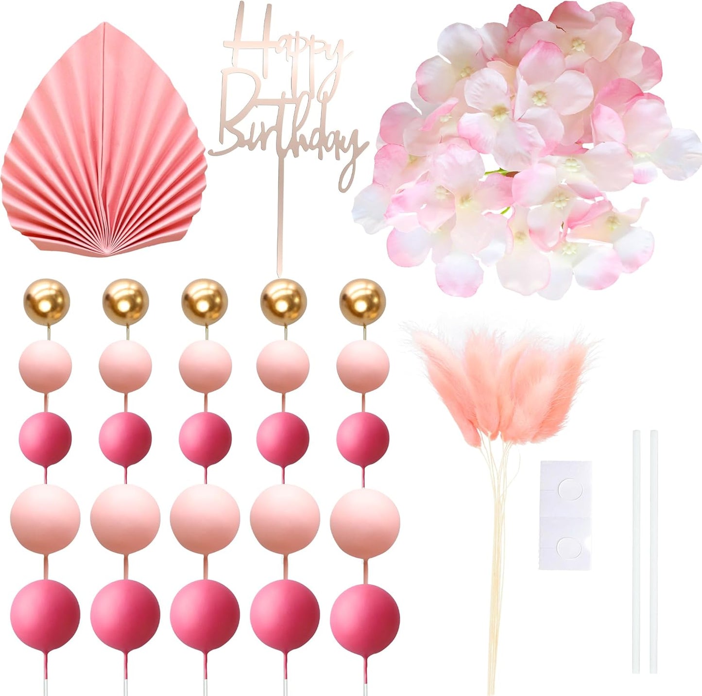 Gyufise 29Pcs Rose Red Artificial Flower Cake Decorations Acrylic Happy Birthday Cake Topper Balloon Cake Toppers Palm Fan Cake Picks for DIY Wedding Birthday Valentine's Day Party Supplies