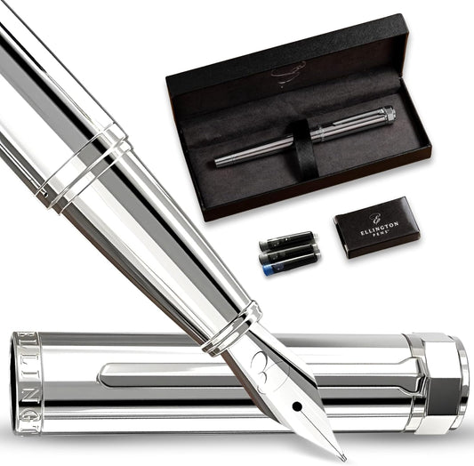 Ellington Pens Luxury Fountain Pen Set- Fountain Pens for Writing - Smooth Fine Nib - Includes Refillable Ink Converter, 3 Ink Cartridges [Black & Blue], Gift Box - Elegant Calligraphy