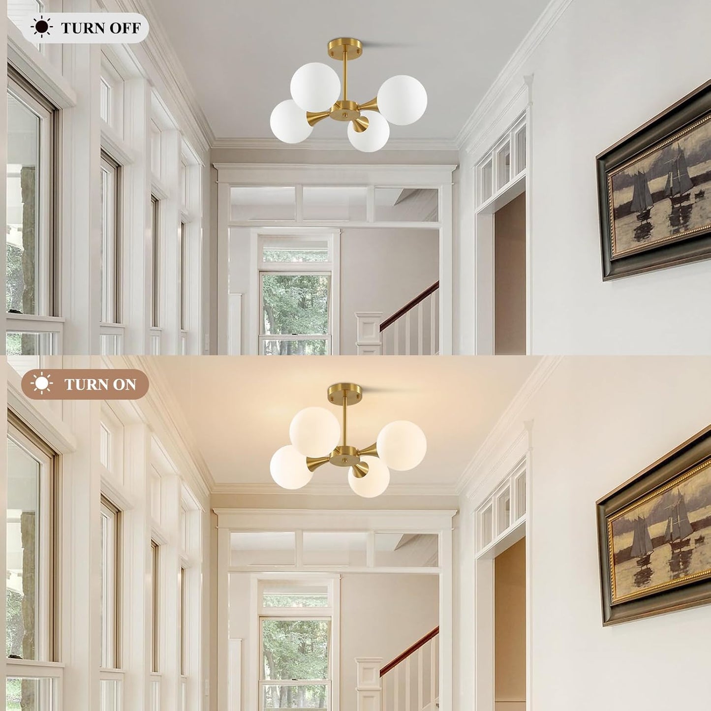 KCO Lighting Modern Globe Ceiling Light Gold Semi Flush Mount Sputnik Chandelier Mid Century Frosted Glass Ceiling Lamp for Living Room Dining Room Bedroom (4-Light)